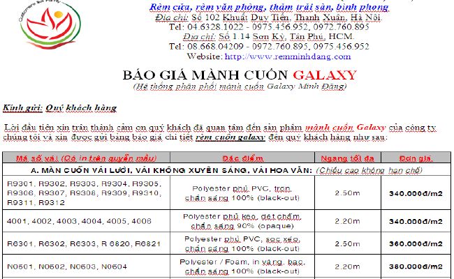 Báo giá rèm cuốn galaxy